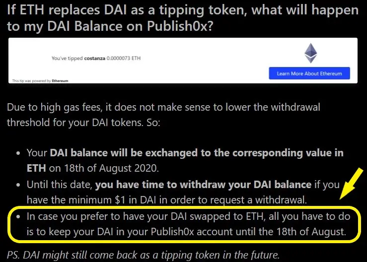 Dan Banbridge Publish0x leave DAI in Publish0x account