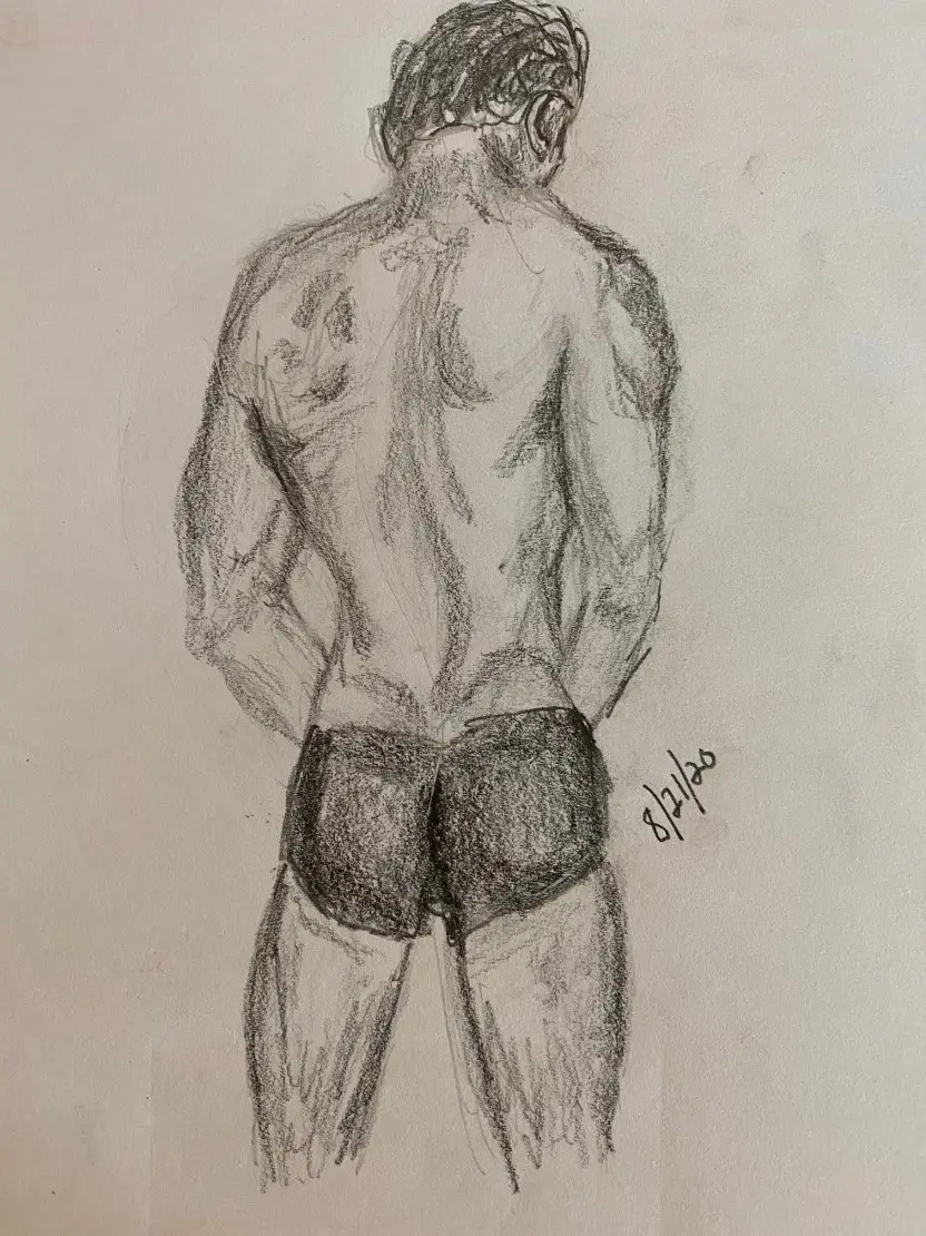 Back view drawing of contemplative man in swimsuit