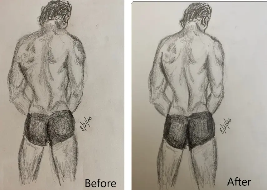 Before and after sketches of a contemplative swimmer - pencil drawings