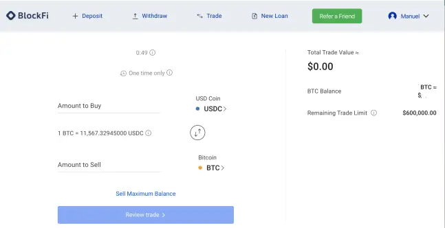 BlockFi Trade console