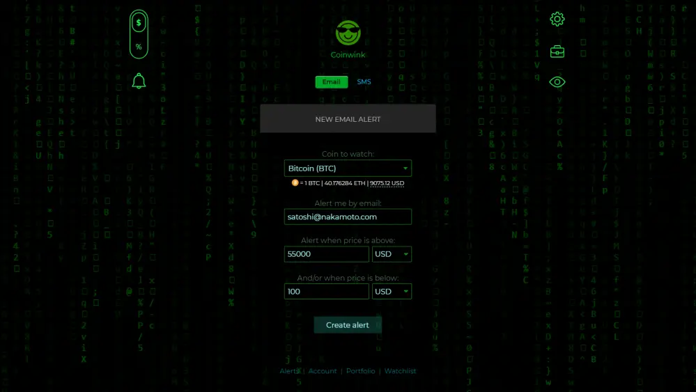 Crypto Alerts view