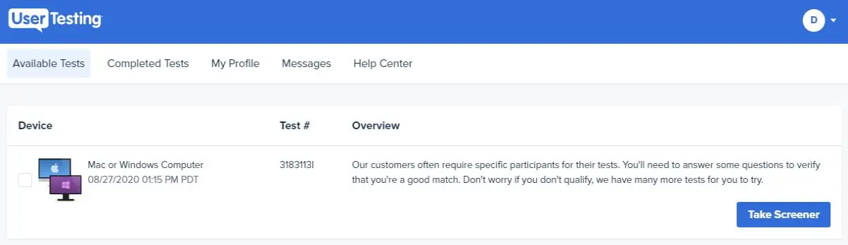 UserTesting - Take Screener