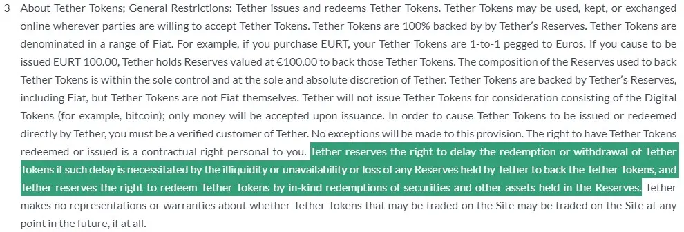 Tether Terms of Service - Redemption in-kind