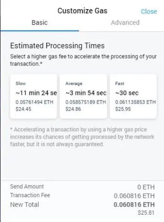 Gas Price example on a 1 eth transaction in Meta-mask Wallet