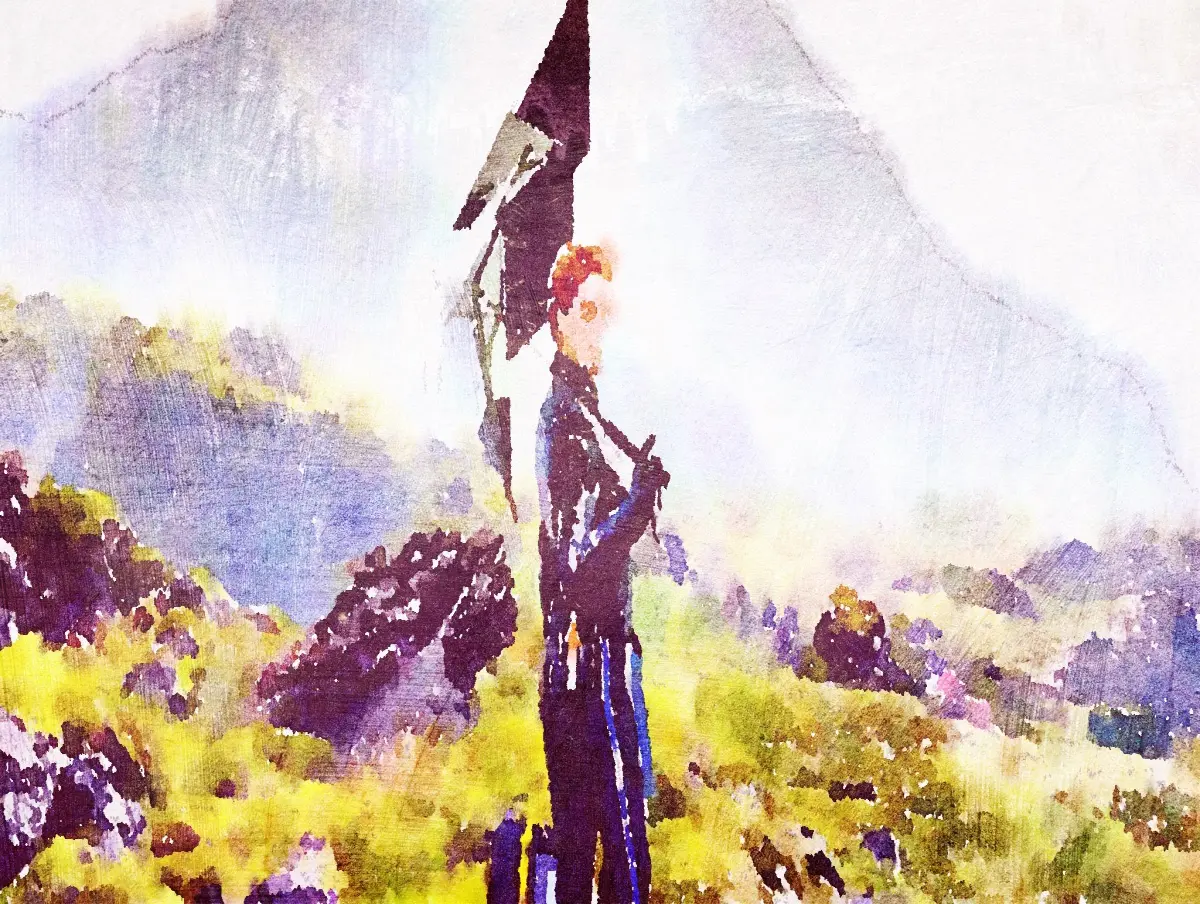 Digital watercolor of a scene of game dead strainding
