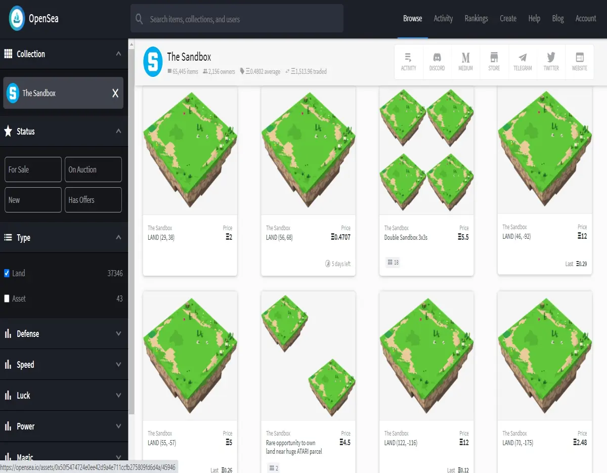 Sandbox Land opensea