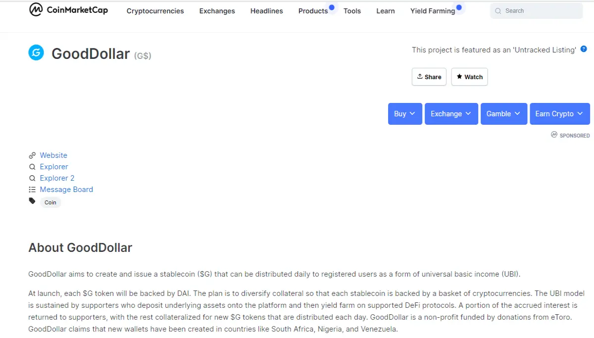 Good dollar on CoinmarketCap