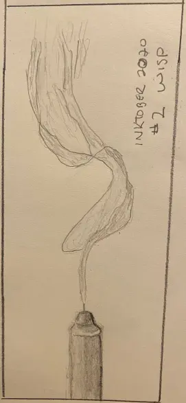 Drawing of extinguished candle and smoke rising. Pencil.