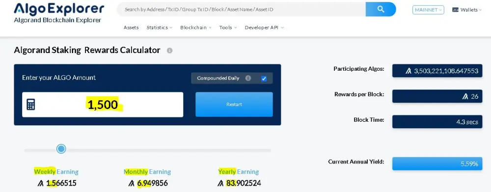 algorans staking rewarsd calculator