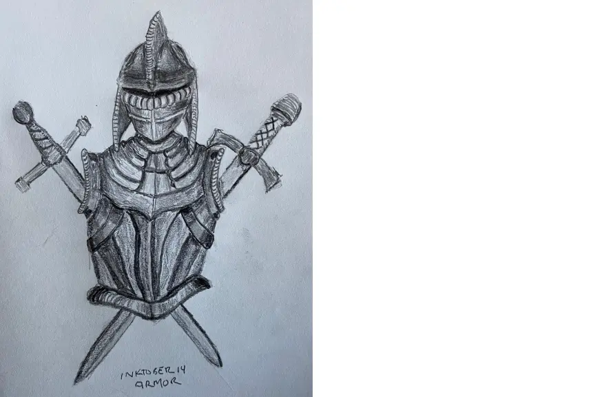 Breastplate and helmet with crossed swords - drawing in pencil