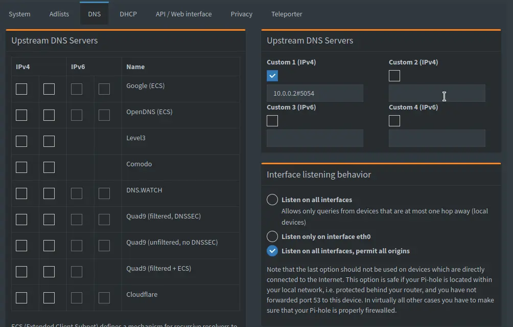 pi-hole admin DNS Settings