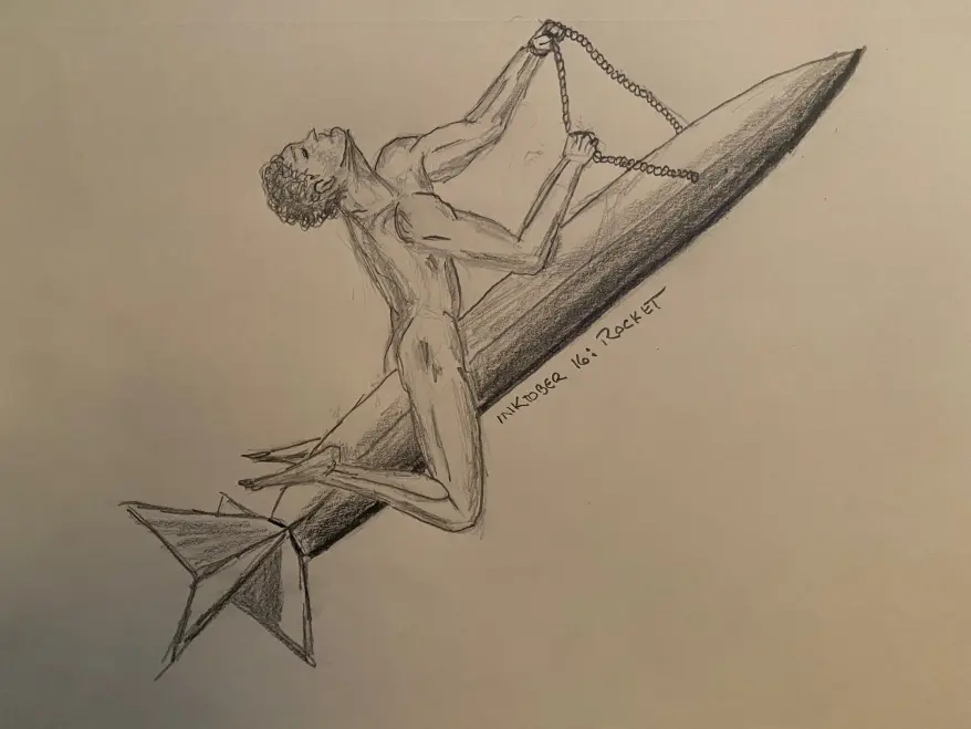 Man riding a rocket - drawing in pencil