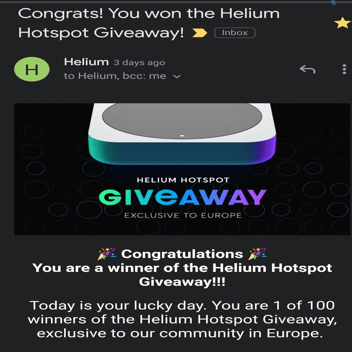 Helium router winners email screen shot