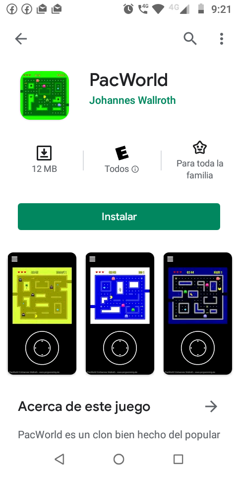 PacWorld en la tienda de aplicaciones de Android