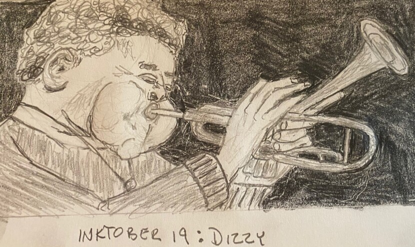 Portrait of Dizzy Gilespie playing horn - drawing in pencil