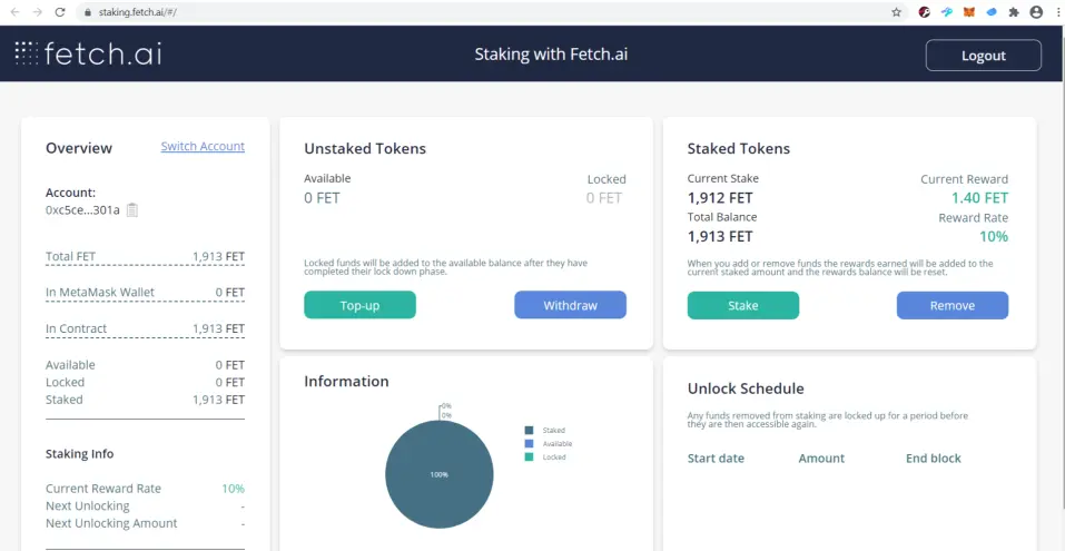 Screenshot of my fetch.ai staking wallet
