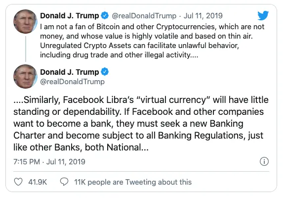 Donald Trump ranting against Bitcoin and Libra, saying cryptocurrencies