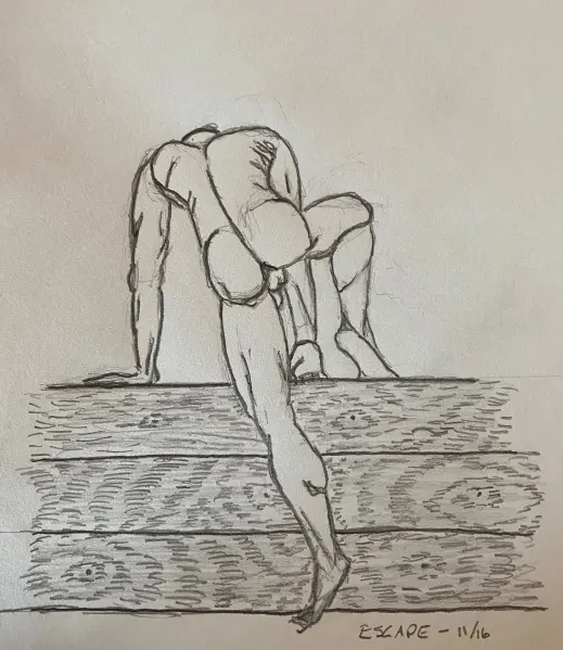 Man climbing wooden fence - drawing in pencil