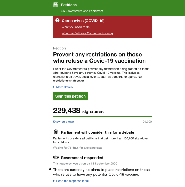 UK Parliamentary Anti COVID-19 Vaccinations Petition