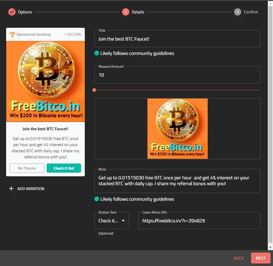 Sponsored Geodrop - Freebitco.in