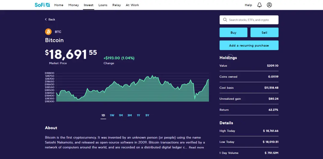 Image of my SoFi Bitcoin Portfolio on 11-23-20