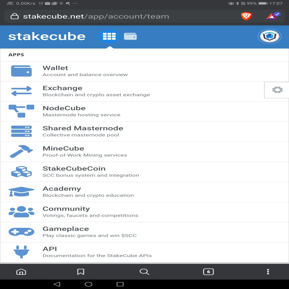 Stakecube menu page