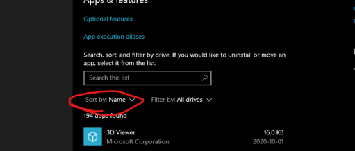 Windows Settings Apps & Features section with the