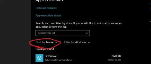 Windows Settings Apps & Features section with the