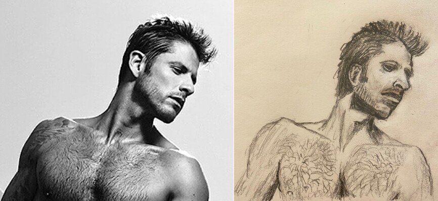 Two busts of Probably James Roday Rodriguez, photo and drawing in pencil
