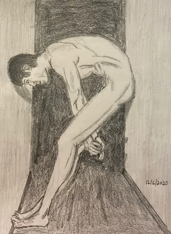 Nude man resting head on one wall of narrow hallway, butt on the other wall - drawing in pencil