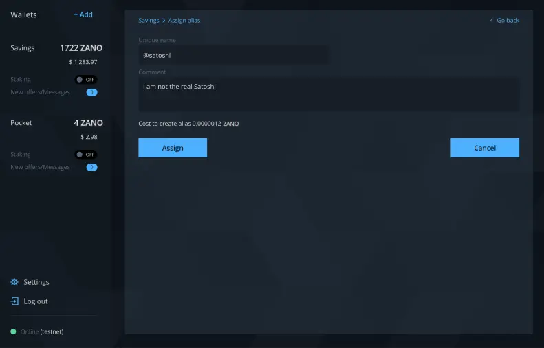 Wallet showing the Zano alias system