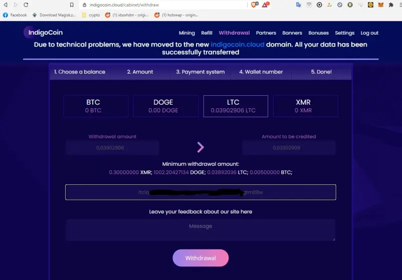 Indigocoin Withdrawel