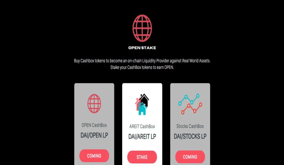 Cashboxes: Buy Cashbox shares to become an on-chain liquidity provider against Real World Assets. Stake your Cashbox tokens to earn OPEN.