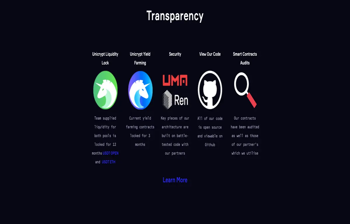 OpenDAO Transparency Section as seen on OpenDAO.io displays partnerships with REN and UMA, liquidity providing on Uniswap, Unicrypt locks, and Github