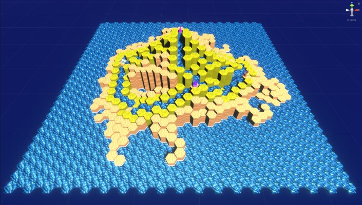 Procedurally generated hexagonal grid based mountain with rivers.