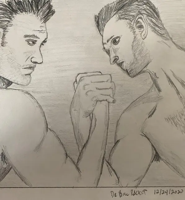 Arm wrestlers, shirtless - pencil drawing