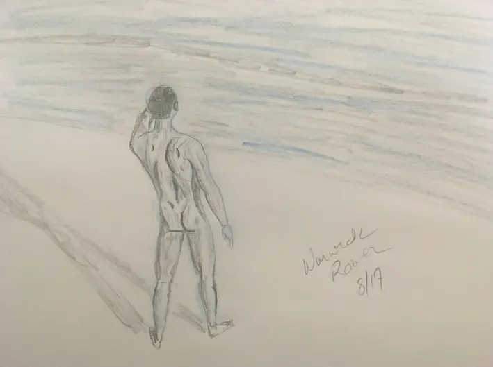 Man on beach - Drawing in pencil and colored pencil