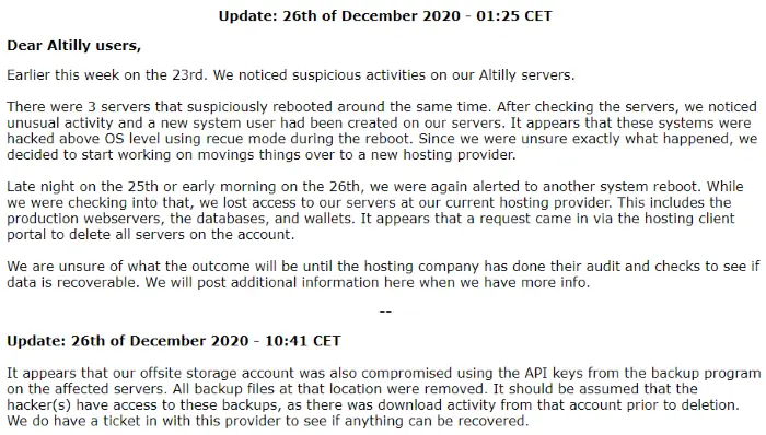 Update to Altilly Cryptocurrency Exchange Hack