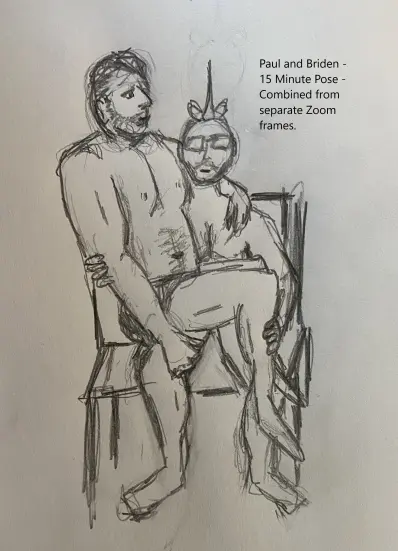 Man sitting on another man's lap - concatenated pencil sketch