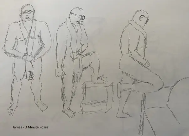 James in three poses, wearing a scarf - pencil sketches