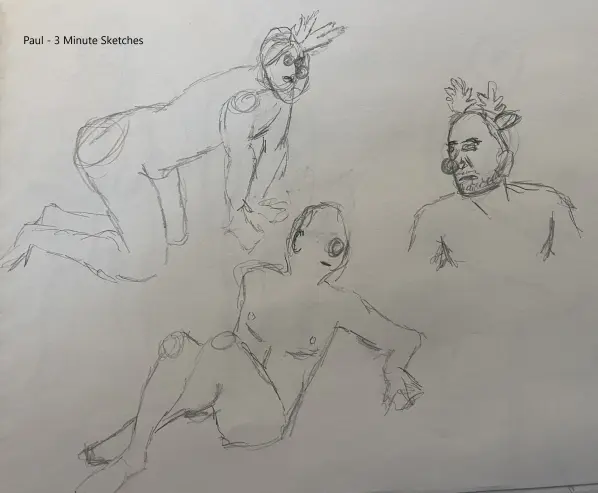 Paul in three poses, wearing reindeer nose and antlers - pencil sketches