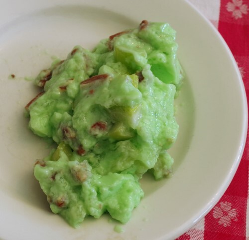 Lime Jello salad on a white plate