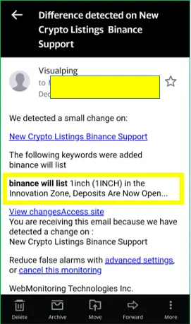 Visual ping alerts via email as soon as Binance posts a new listing announcement
