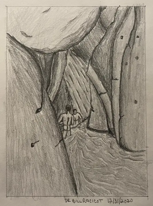 Two men wading in an underground river - pencil drawing