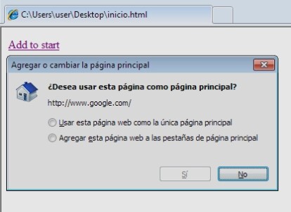 Página de inicio en Internet Explorer