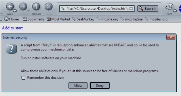 Página de inicio en SeaMonkey