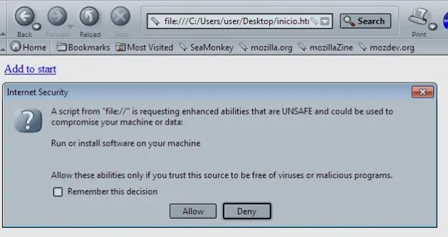 Página de inicio en SeaMonkey