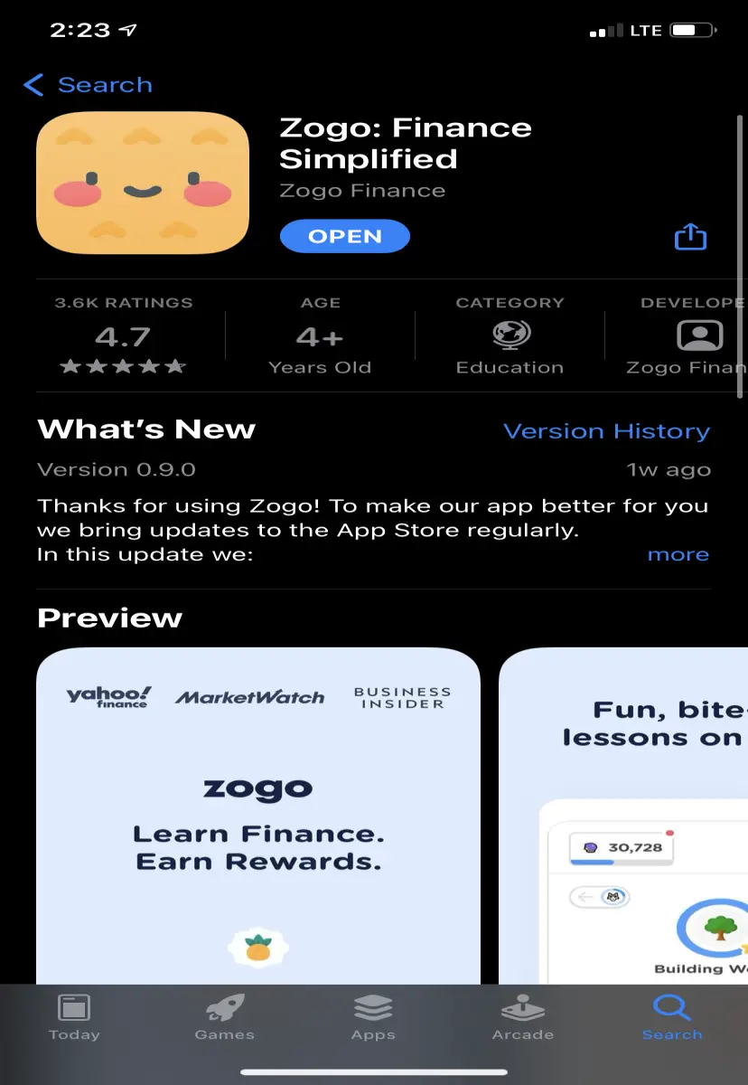 The Zogo App on IPhone AppStore