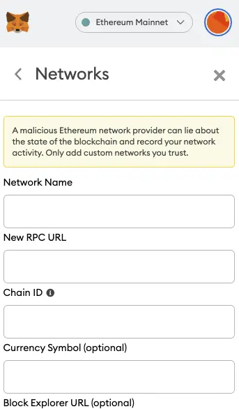 Metmask add network menu