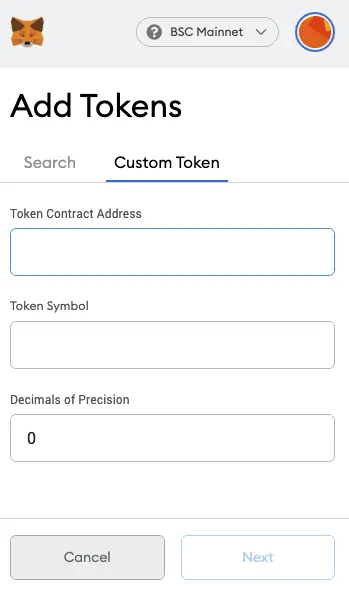 Add custom token scree in metamask